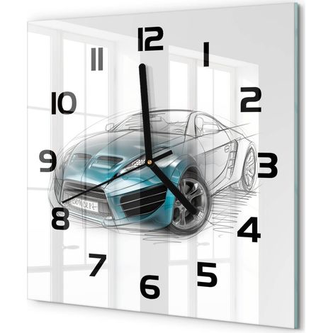 Horloge Murale Carrée à Quartz en Verre Trempé Silencieuse Sans Tic-Tac Croquis de voiture 30x30 cm (1/5)