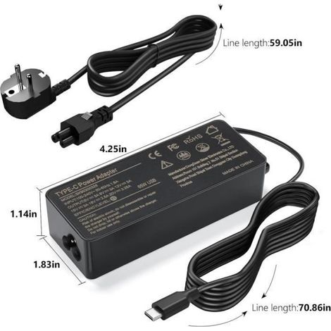 Chargeur pour Ordinateur Portable USB C 65W 45W pour Lenovo ThinkPad Yoga HP Chromebook Dell Latitude XPS ASUS couleurs mu CHARGEUR (1/4)