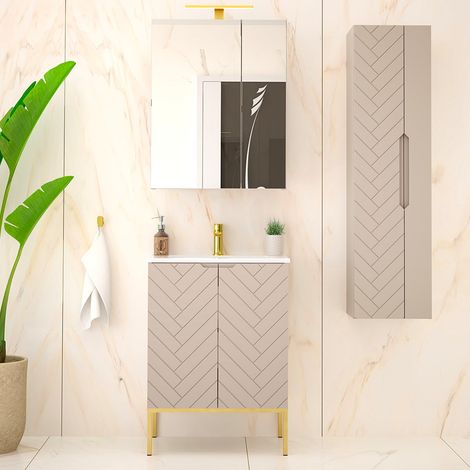 Conjunto de muebles con lavabo individual encastrado 60cm 2 puertas sobre patas y columna Daria Cachemira (1/5)