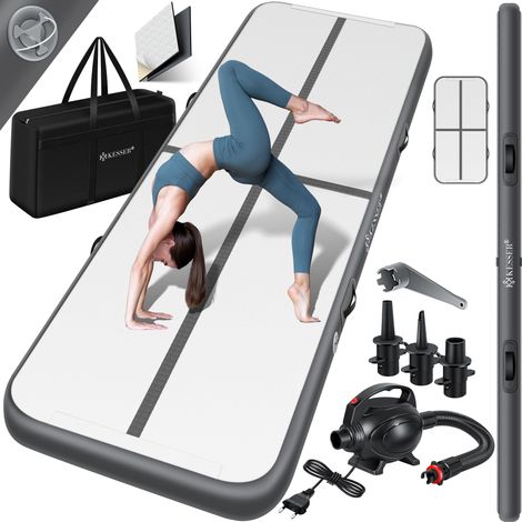 Kesser – Tapis de gymnastique gonflable 3/4/5/6m – Tissu PVC double paroi 0,9mm – Antidérapant et étanche – Avec pompe à air électrique et sac de transport
