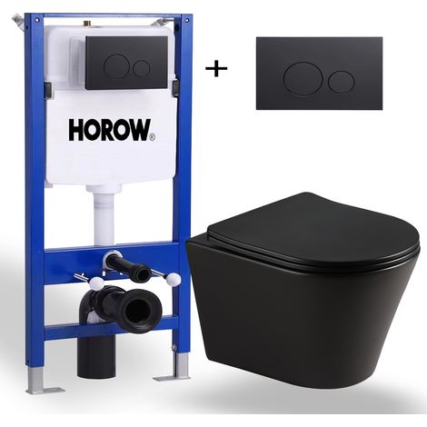 HOROW Mattschwarz Hänge WC Wand Toiletten Komplettpaket WC Einloch-Superspin-Spülung + Vorwandelement + Betätigungsplatte (1/5)