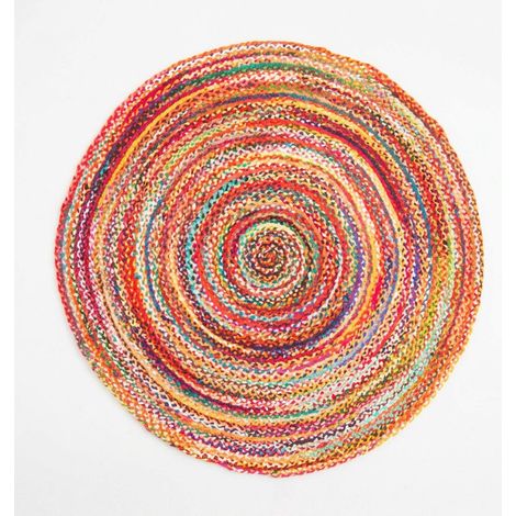 Tapis en jute Tapis Indigo Stripy - 100x100cm, Round - 100% Coton - Tissé main - Multicolore