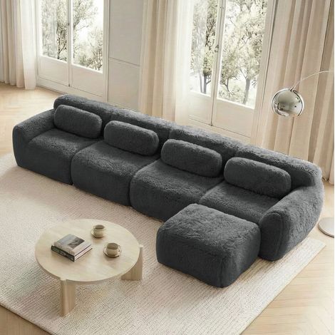 Divano angolare a L modulare 4 posti, peluche premium, senza montaggio, grigio (1/5)