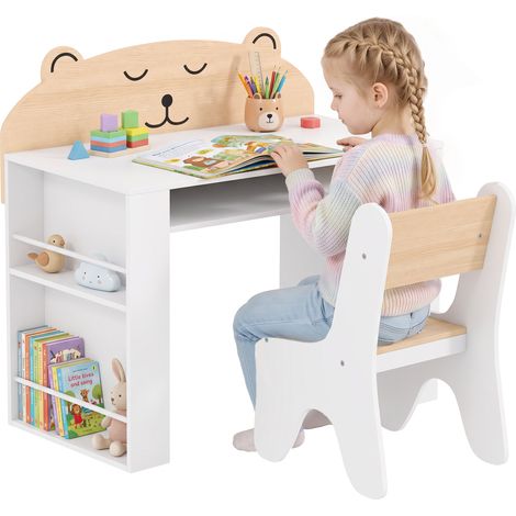 Ensemble table et chaise pour enfant - AIYAPLAY - avec bibliothèque et rangement - bois - 80 x 41,2 x 74,5 cm - blanc (1/5)