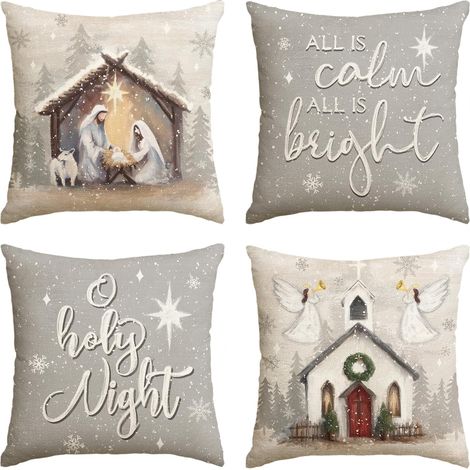 Fundas de cojín decorativas navideñas, Noche Santa con copo de nieve y diseño de Jesús, 45 x 45 cm. Decoración navideña e invernal (juego de 4). (1/5)
