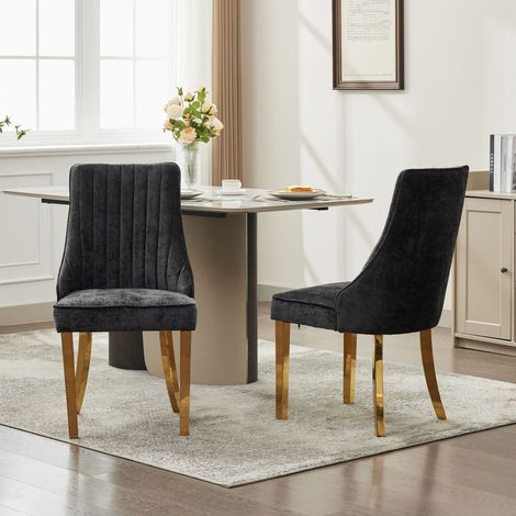 Chaises de salle à manger chenille, lot de 2, tissu doux capitonné, pieds acier inoxydable doré, design élégant, noir (1/5)