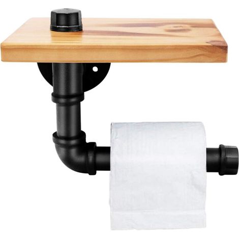 Étagères en Bois Industrielles de Supports de Tuyau de Fer - Support Fixé au Mur Fer Forgé pour la Salle de Bains - Porte-Papier Toilette Style Rétro (1/5)