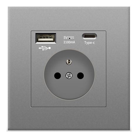 1 prise murale grise avec USB et Type C, prise de courant en verre, 5v, 2100mA (1/4)