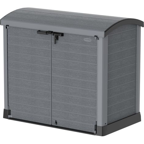 Duramax Cedargrain StoreAway da 1200 L, plastica giardino arco capanno deposito esterno, adatto per utensili, biciclette, barbecue e 2 x 240L bidoni, 145x85x125 cm, Grigio (1/5)
