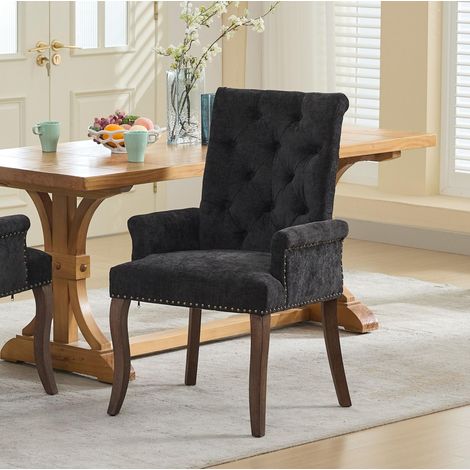 Chaise de salle à manger en chenille gris anthracite avec accoudoirs et dossier capitonné – dimensions sur demande (1/5)