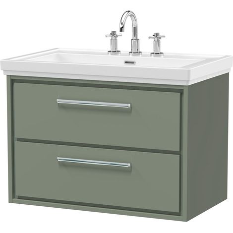 Balterley Longnor Modern Bathroom Wall Hung 2-Drawer Vanity Unit with Fireclay Basin, Fern Green, 800mm