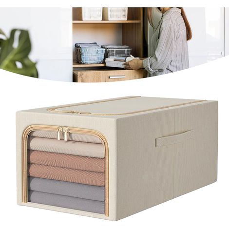 Sac de rangement pour vêtements 50 L, boîte de rangement pour chambre avec poignée et structure en métal, 47 x 35 x 30 cm, beige (1/5)