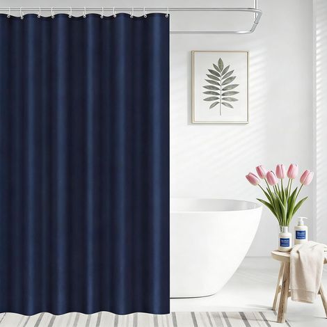Rideaux de Douche 200 x 200 cm Tissu Polyester Rideau Douche Anti Moisissure Avec 12 Crochets pour Salle de Bain, Baignoire, Bleu Foncé (1/5)