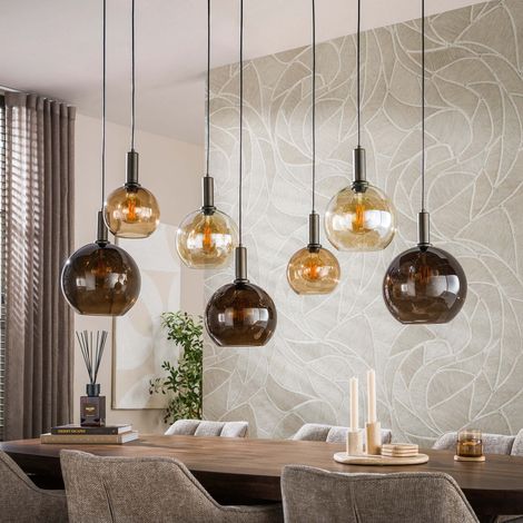 Suspension 7 lampes 146x58x150 cm en verre ambré, brun et bronze (1/5)
