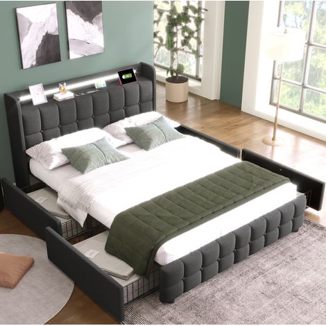 Lit capitonné moderne 140x200 cm gris, avec tête de lit USB/prises, LED et 4 tiroirs, structure bois et renforts métal (1/5)