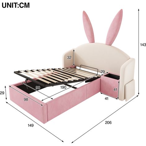 Lit enfant 90x190 cm, recouvert de velours, tête de lit oreilles de lapin avec espace de rangement et table de chevet, lit design pour enfant, beige et rose (sans matelas) (1/4)