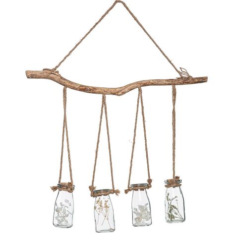 Atmosphera – Suspension en bois avec 4 vases en verre et fleurs séchées – Dimensions L. 53 x P. 9 x H. 45 cm – Ambiance romantique et poétique (1/5)