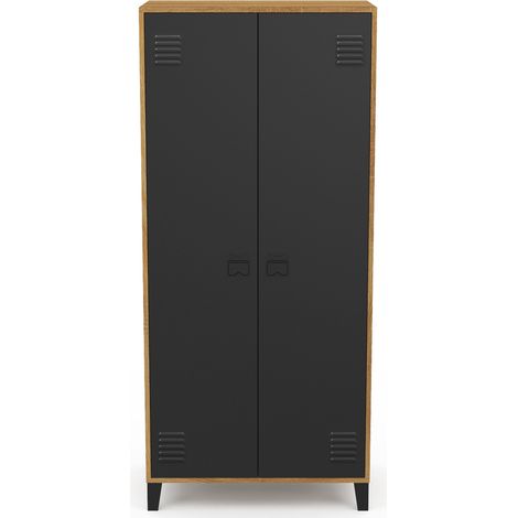 Idmarket – Armoire vestiaire penderie 2 portes métal noir – Contour bois – Longueur 76 cm – Hauteur 170 cm – Design industriel — vue 3