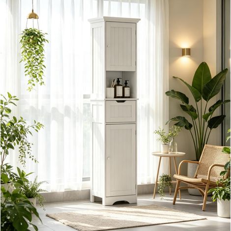 Armario alto de baño estrecho con LED, 2 puertas y cajón, blanco MDF 40 x 30 x 170 cm OKWISH (1/5)