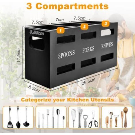 Porte-ustensiles de Cuisine, 3 Compartiments Porte-Couverts en Bois Organiseur d’ustensiles pour Comptoir, Grand Rangement d'outils de Cuisine de Ferme (Noir)