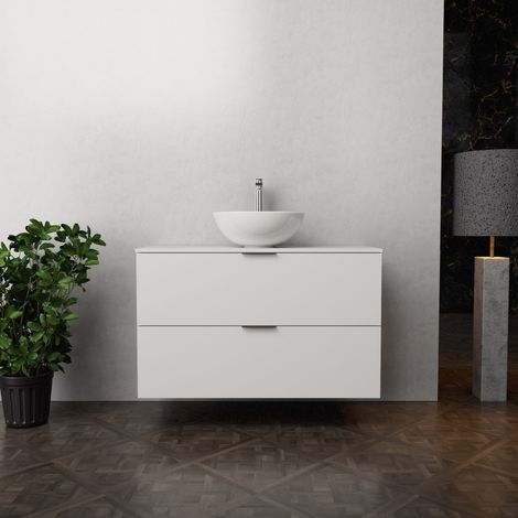 Inda - Badezimmerschrank B.100 mit Aufsatzwaschbecken / Mattweiß 2 Schubladen - Topazio