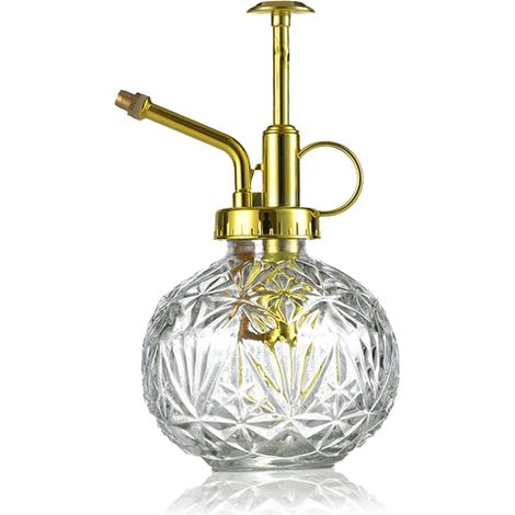 Verre Plantes Vaporisateur D'arrosage, 240ml Rétro avec Pompe Supérieure Arrosoir, Une Main Darrosage Pulvérisateur Brumisateur pour Jardinage Plantes, L'alcool Transparent-Buse dorée
