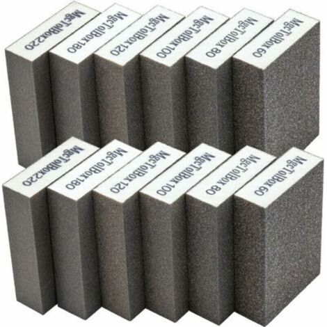Lot de 12 éponges de ponçage lavables – Assortiment grains 60/80/100/120/180/220 – Pour polissage bois et métal – Utilisation humide et sèche - 12pcs