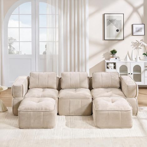 Canapé modulaire en U beige avec poufs tissu polyester (1/5)
