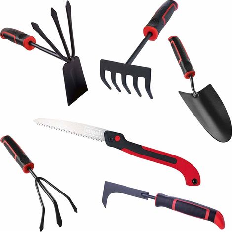 Scheppach Gartenset 6-tlg. Doppelhacke Grubber Kelle Fugenkratzer Harke 1 Säge