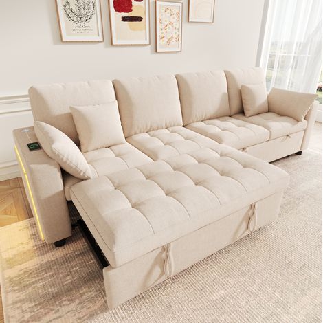 Sofá cama esquinero 4 plazas 262,5x140 cm chenilla beige LED USB ahorra espacio - CHICFURN (1/5)