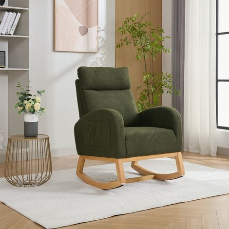 Mid-Century Modern Rocking Chair with Green Teddy Fabric Upholstery, Padded Seat & Ergonomic Backrest – for Living Room, Bedroom & Indoor Use