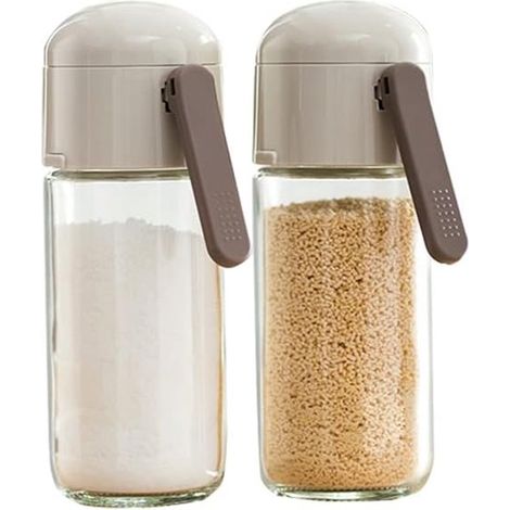 Juego de 2 saleros y pimenteros, Salero resistente a la humedad tapa plástico, Dispensador especias recargable cocina viajes, 250 ml, Gris cálido (1/5)