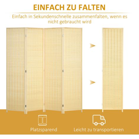 Paravent 4 panneaux 180x180 cm, séparateur de pièce en bambou naturel, cloison pliante pliable, écran d'intimité, diviseur d'espace pour salon (1/5)