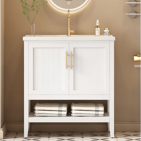 Meuble vasque salle de bain 80x47x90 cm en MDF blanc avec lavabo céramique, gain de place – MEUBLIV (1/5)