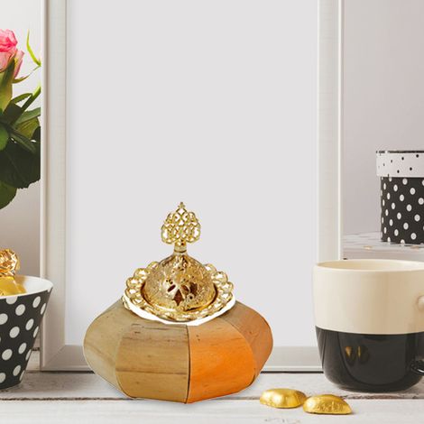 Brûleur d'encens créatif du Moyen-Orient en métal doré arabe, citrouille en bois naturel, style pastoral simple, style nordique, petit brûleur d'aromathérapie en forme de tête d'arbre, taille unique. (1/3)