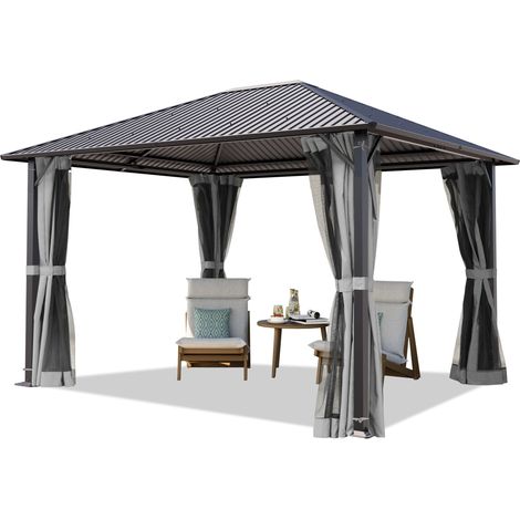 TOOLPORT Gartenpavillon 3x3,65 m mit Stahldach - Hardtop Pavillon mit 4 Seitenteilen und Moskitonetzen in Grau