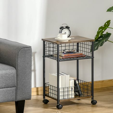 Chariot de cuisine de style industriel avec 1 étagère, 1 panier de rangement et 4 roues. Dimensions : 40 cm x 30 cm x 62 cm. Matériaux : acier, noir et marron. (1/5)