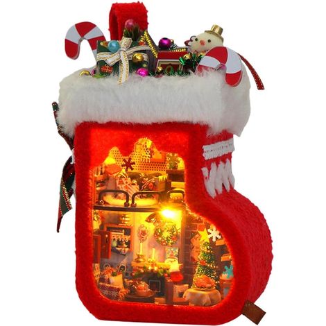 Kit Maison Miniature Chaussette de Noël artisanale avec éclairage LED Kit Construction Maquette Maison Miniature pour table basse, meuble, table de chevet, cheminée, salle de séjour