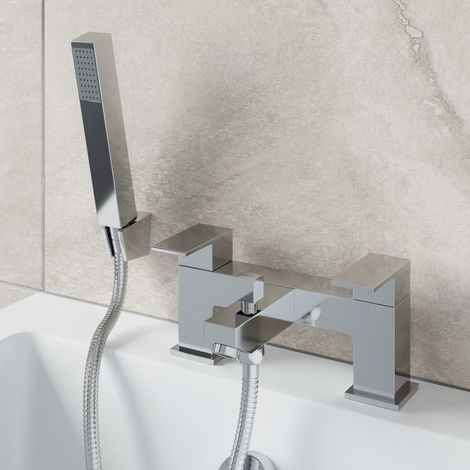 Chrome Bathroom Bath Shower Mixer Filler Tap Brass Square with Handset & Hose