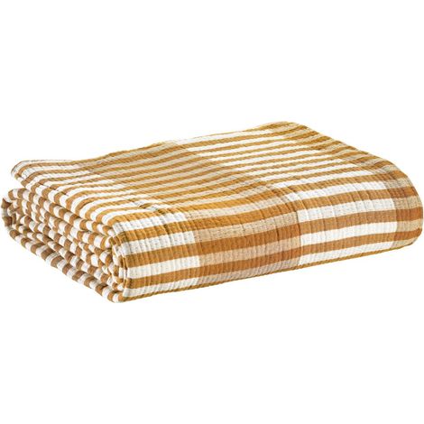 Jeté de Lit en Jacquard 100% Coton à Rayures pour Chambre Coloris Safran 180 x 260 cm - PANGIVO