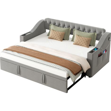 Canapé-lit rembourré velours gris 90x190 cm extensible 180x190 cm, sommier à lattes, USB/Type-C, rangements intégrés (1/5)