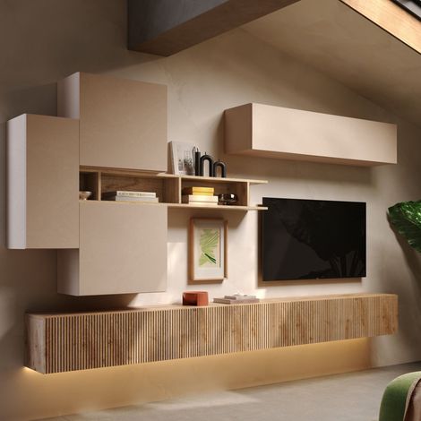 Wohnwand Calascio, Modularer Wohnzimmer Schrank, ein Regal Made in Italy, Komposition Set, Birnbaum Braun (1/3)