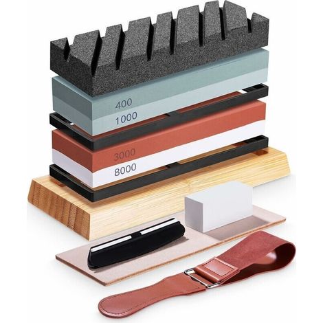 Kit de Pierre à Aiiser, grain double face 400/1000 et 3000/8000 pierre a aiiser professionnel avec Base en Bambou Antidérapante, Pierre à Aplatir, ide d'angle et Lanière en Cuir (1/5)