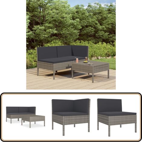 3-tlg. Garten-Lounge-Set mit Auflagen Poly Rattan Grau - Gartengestell - Gartenloungeset - Outdoormöbel - Loungesessel - Rattanmöbel