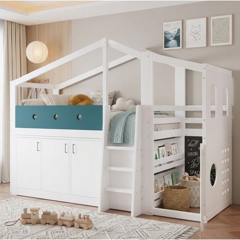 Letto bambino a mezza altezza 90x200 cm a casetta con armadio, scala e area gioco DESVIAE (1/5)