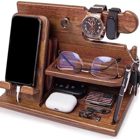 Soporte para teléfono, soporte para gafas y organizador de escritorio de madera maciza. (1/5)