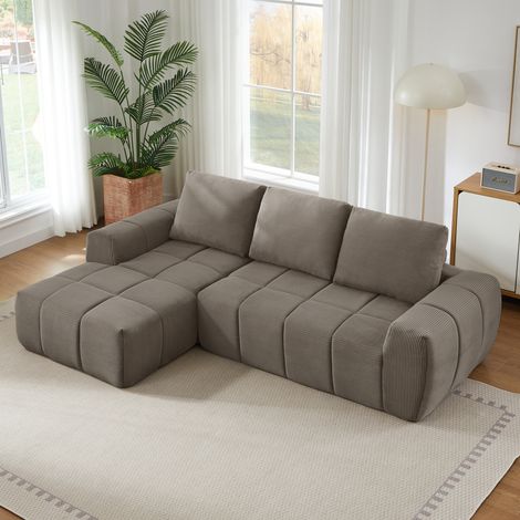 Sofá esquinero de pana taupe, diseño segmentado capitoné, acolchado con espuma y muelles ensacados, sin montaje (1/5)