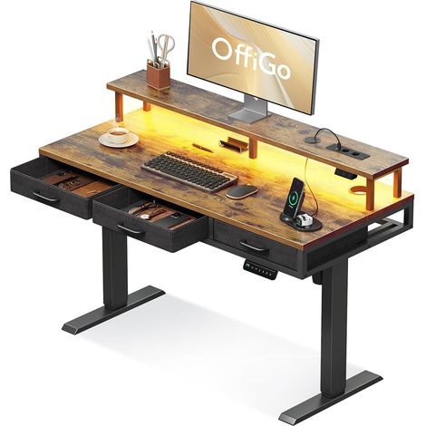 Bureau Assis Debout avec 3 Tiroirs, 120cm Bureau Gaming, Marron Support de moniteur, bureau électrique réglable en hauteur, chargeur intégré, LED, idéal pour le télétravail (1/5)