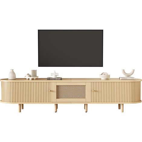 CHICFURN Mueble TV lowboard de 180 cm con puerta corredera, cajón y detalle en resina trenzada, diseño ovalado, MDF, patas ajustables y acabado madera clara (1/5)