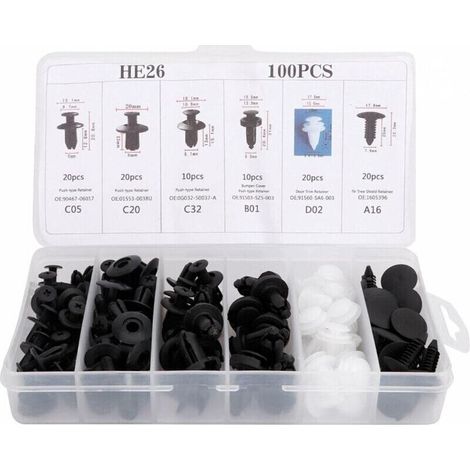 100 clip di fissaggio in plastica per auto - Clip a farfalla universali in plastica - Kit di ricambio per clip di fissaggio per paraurti, viti di espansione e custodia.